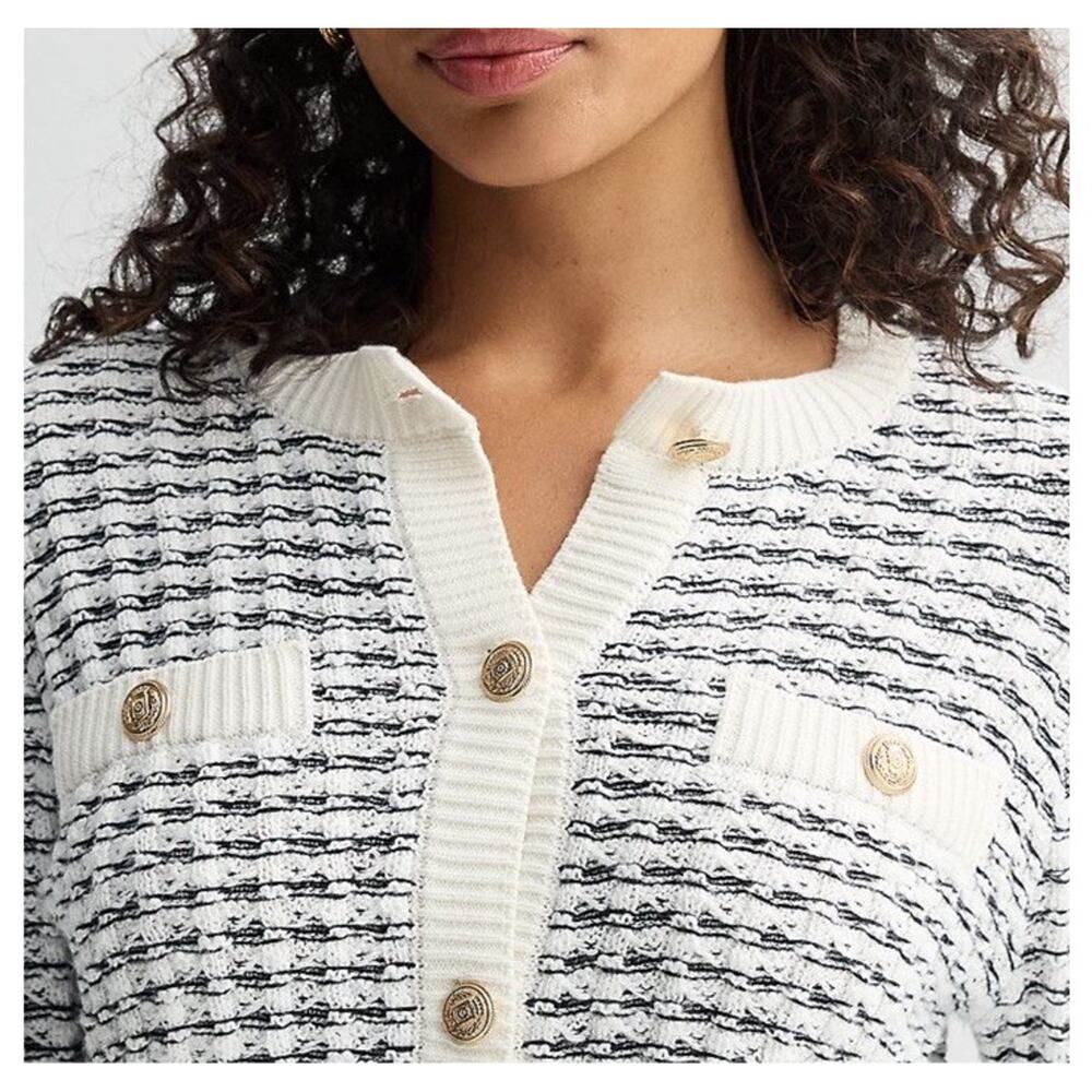 Industry Heavy Black & White Square Knit Gold Button Front Sweater Jacket M - Picture 2 of 13